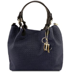 кожена дамска чанта с принт плетеница в тъмно синьо