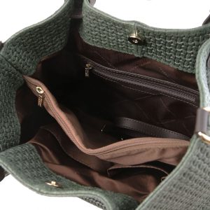 кожена дамска чанта с принт плетеница в тъмно зелено