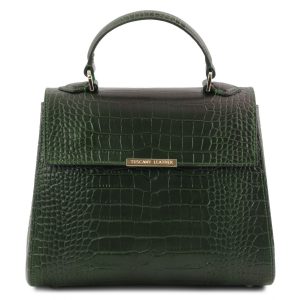 дамска чанта от естествена кожа крокодилски щамп цвят зелен