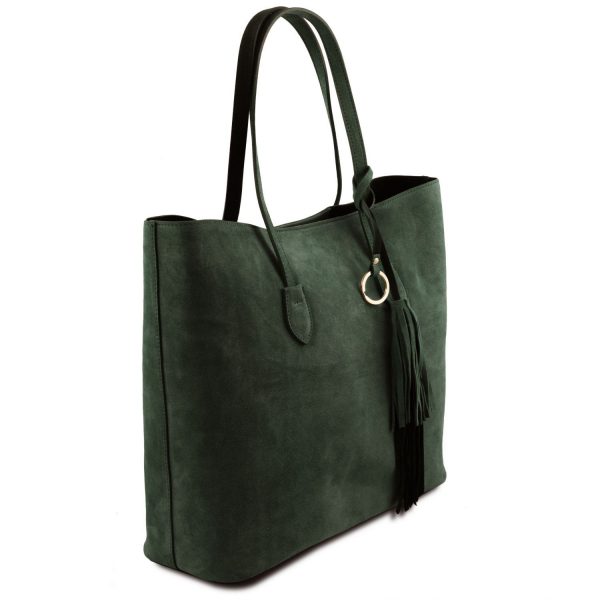 кожена дамска чанта от велур в тъмно зелено