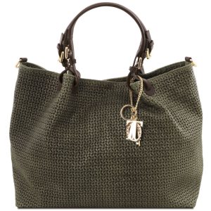 модерна дамска кожена чанта с принт плетеница в цвят тъмно зелено