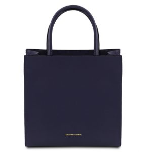 елегантна кожена чанта с висока основа в тъмно синьо